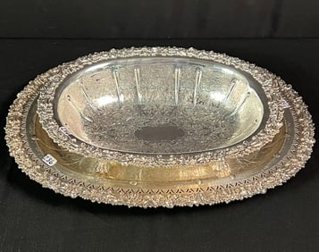 Baker Ellis Silver Plate Footed Oval Bowl and Shallow Serving Bowl