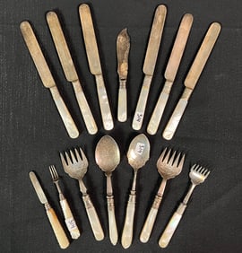 Victorian Mother of Pearl and Silver Fish Serving Utensils