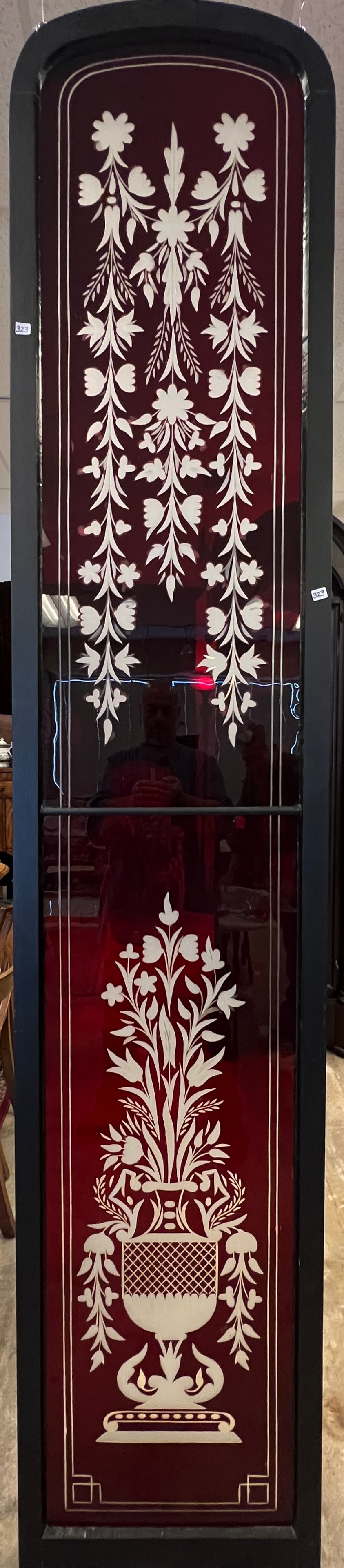 Ruby Acid Cutback Victorian Window: An 1850's ruby acid cutback large Victorian arch top door window from the G. Heilman Estate in Lacrosse WI that came out of Duncan D. McMillan mansion, owned by the Heilman family. Torn down in the ea