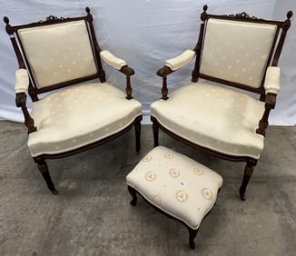 Pair of French Victorian Arm Chairs and Foot Stool