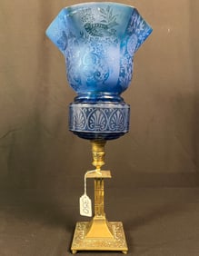 Rare Victorian Blue Glass Peg Oil Lamp c1850's