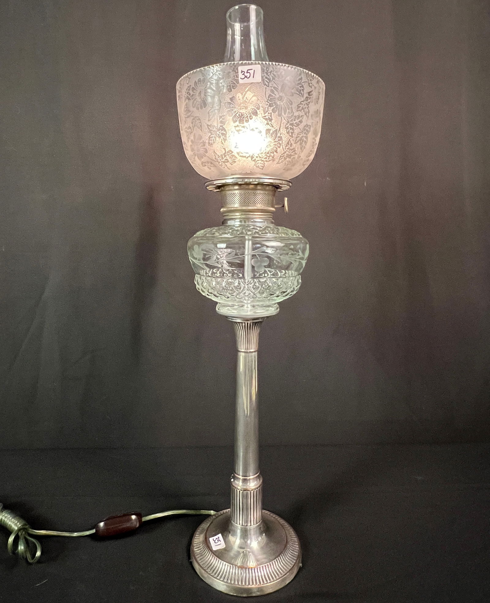 English Oil Lamp w/ Acid Etched Shade (1 of 7)