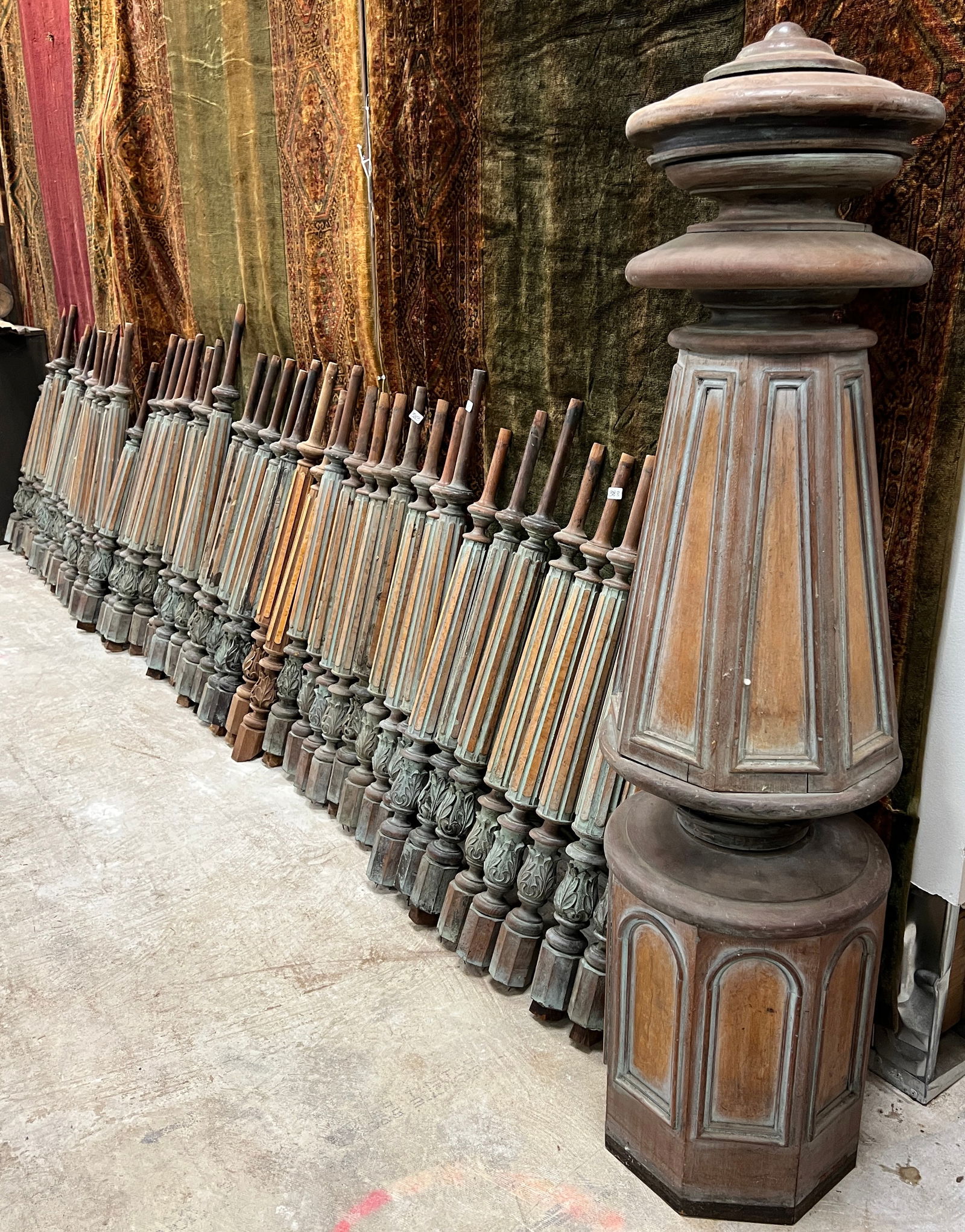 Italianate Walnut Turned Staircase Railing From the Duncan D. McMillan Mansion c1850s: An Italianate walnut turned staircase c1850's that features an oversized octagonal newel post in solid walnut with trimmed out burled maple panels. It retains its original cap. The 43 posts each