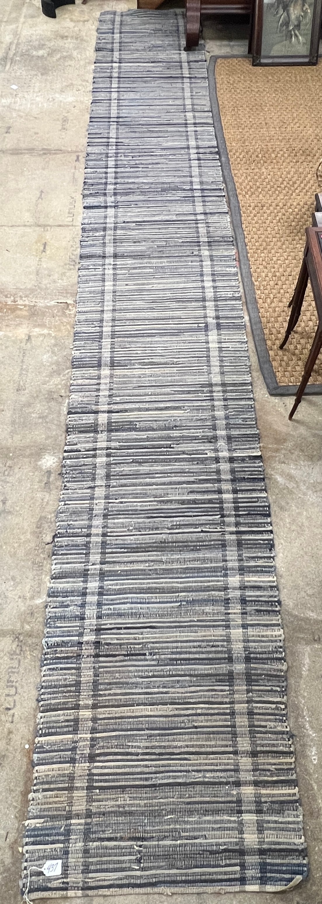 Immense Blue Rag Runner: A hand loomed rag runner in blues and whites. It appears to be vintage, if not antique. In great condition, it measures 185" long X 27" across.