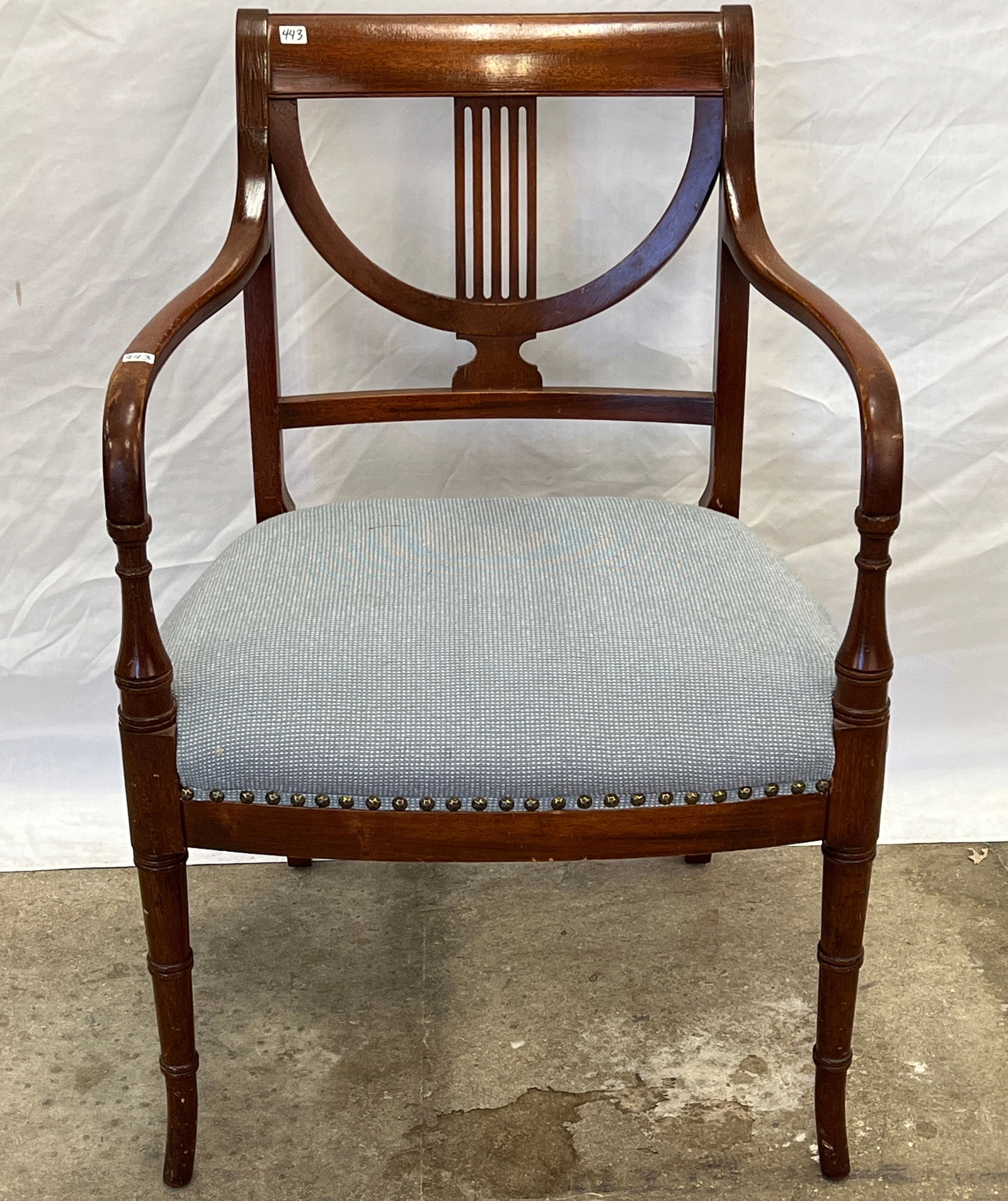 Federal Style 1930s Mahogany Armchair: 1930s mahogany bent-arm armchair newly upholstered with a harp back. In excellent, house ready condition, it measures 34" tall X 22" across X 13" deep.
