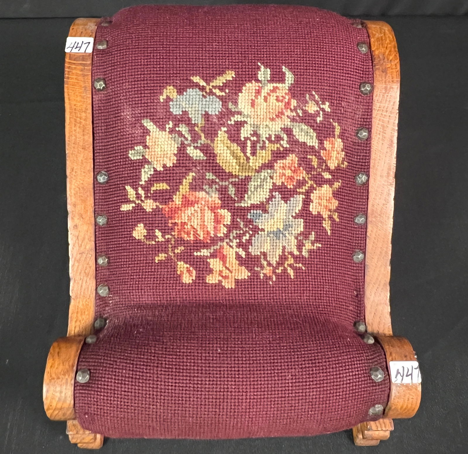 Oak Floral Needlepoint Foot Stool - 2
