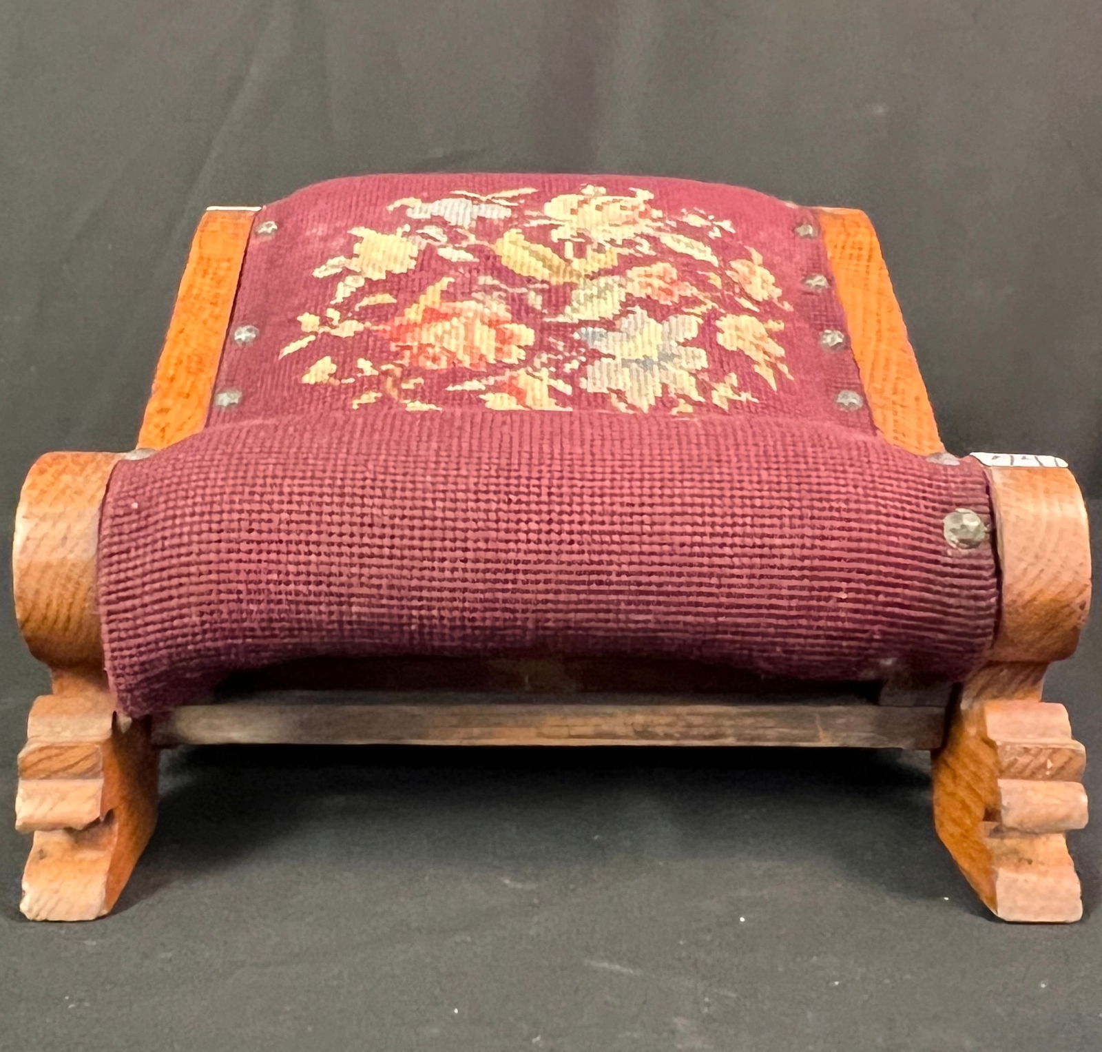 Oak Floral Needlepoint Foot Stool - 3