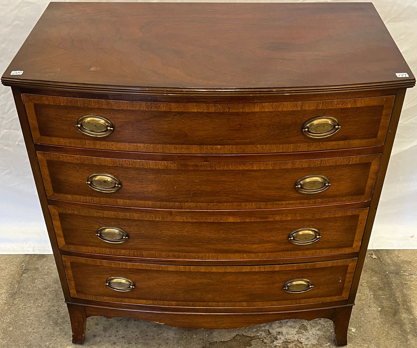 Mahogany 4 Drawer Chest: A quality mahogany 4 drawer chest with splayed feet and banded inlay. This piece measures 32" tall X 32" across X 19" deep.