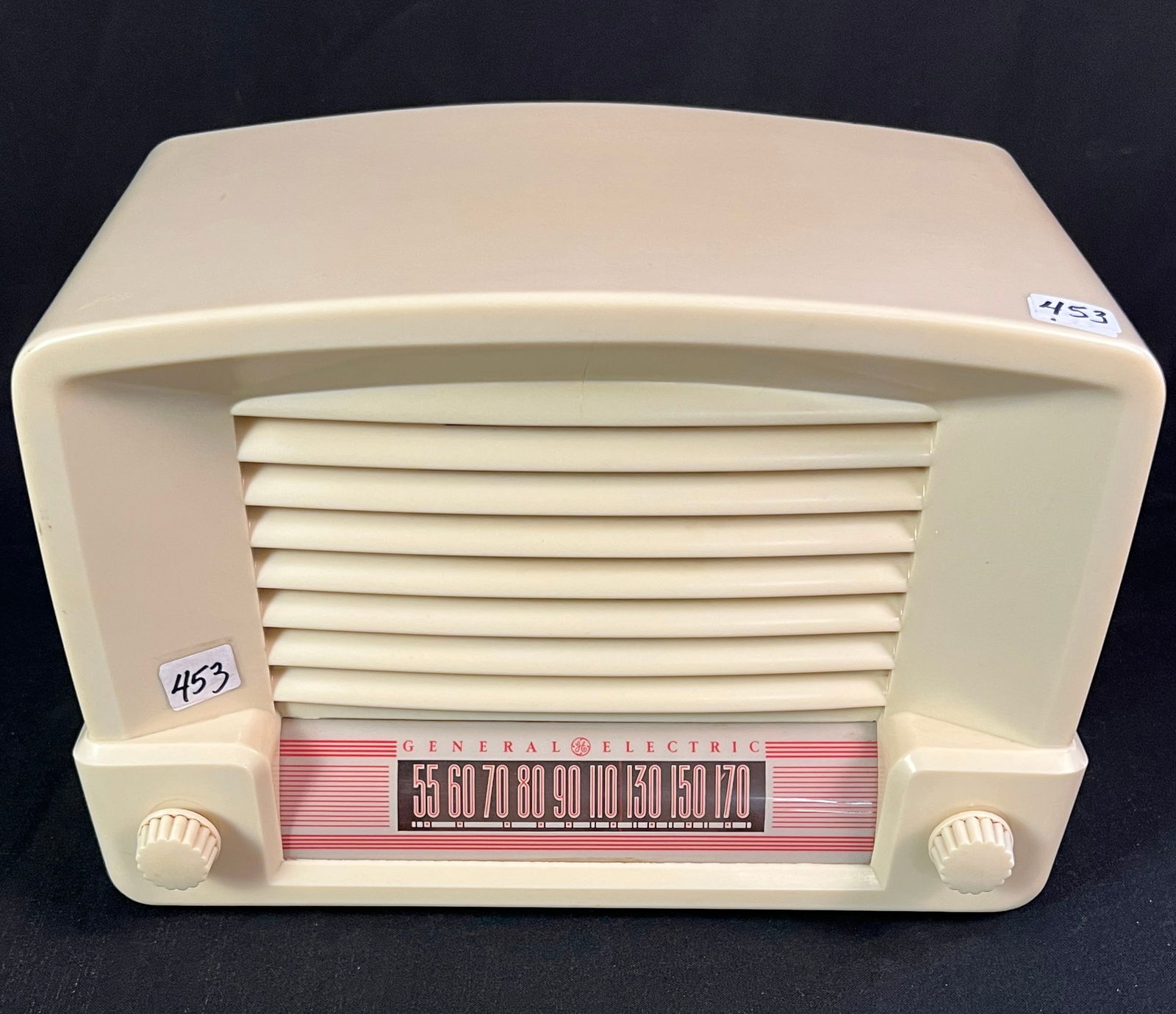 General Electric Model 114W 1949 Radio: A 1949 white Bakelite General Electric Model 114W radio, it measures 8" tall X 12" across X 7" deep.
