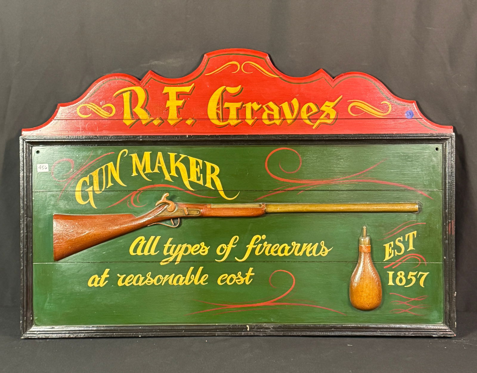 Vintage R. F. Graves Hand Made Wood Gun Advertising Sign: A vintage hand made 3 dimensional wood advertising sign for R. F. Graves Gunmakers that features a long rifle and powder flask. It measures 24" tall X 36" across. Excellent Condition