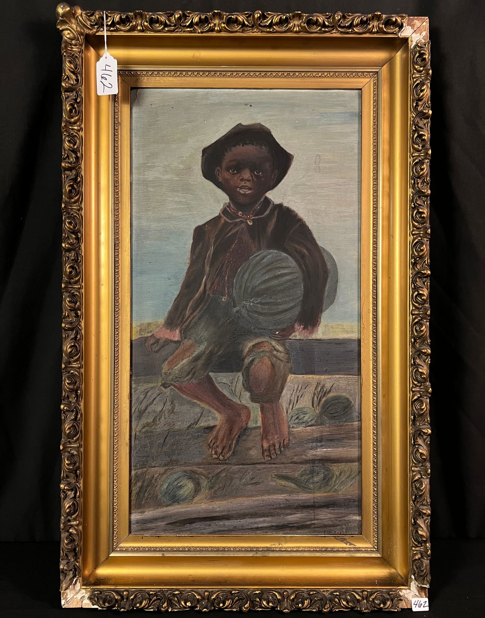 Victorian Oil on Board Of Black Boy, signed c1890's: A period framed Victorian Oil on board c1890's depicting a black boy sitting on a fence and holding a watermelon under his arm. It is signed along the lower margin but we can’t make it out.