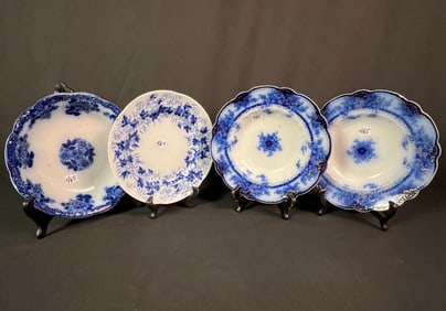 3 Flow Blue Bowls and 1 Flow Blue Plate