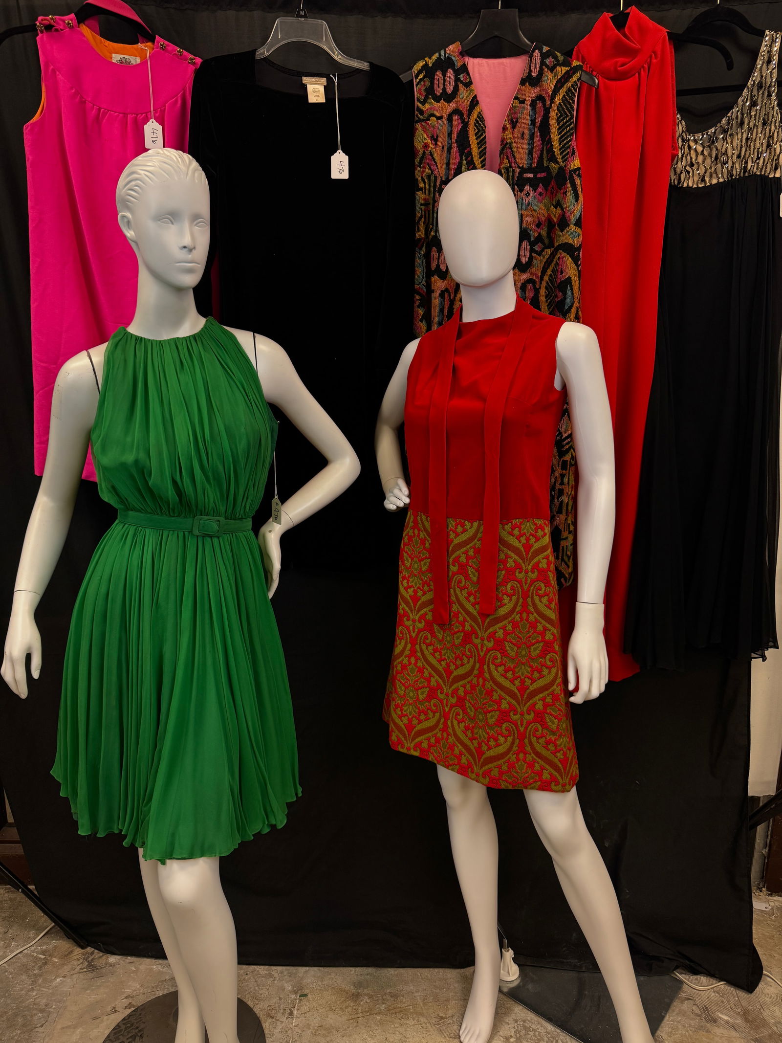 Vintage Group of 1960's Cocktail Dresses, More!: A group of vintage 1960's cocktail dresses to include an empire waist gown with layered black sheer skirting and beige sequined, and beaded bodice, an emerald pleated silk chiffon sleeveless knee leng