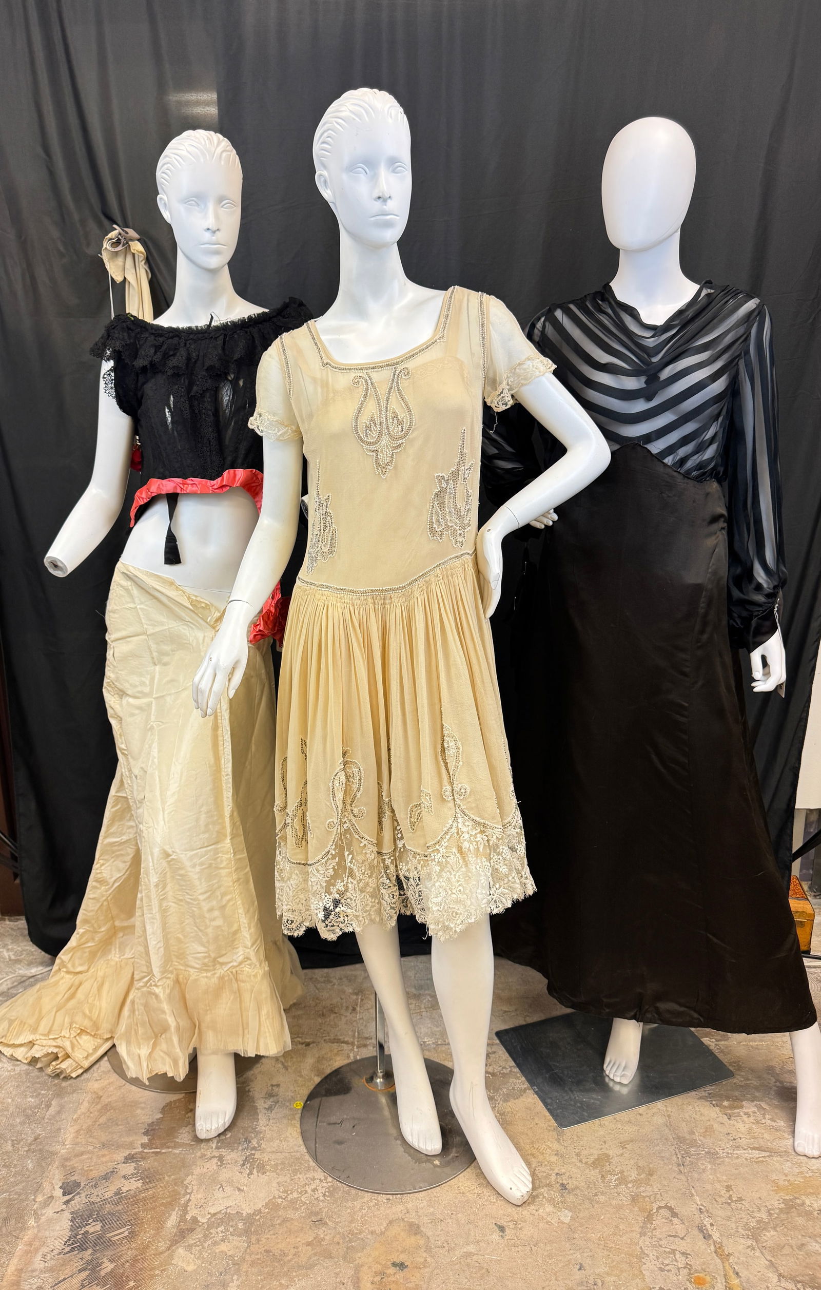 Vintage Beaded 1920's Silk Dress, Edwardian Silk Dress, Victorian Bodice,: A group of antique women's garments to include a cream silk beaded lace Flapper dress with lace pleated skirt and original silk stocklings in very good condition, a black silk Edwardian long sleeved d