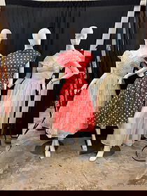 3 VIntage Party Dresses C1940/50's: 3 VIntage 1940/50's women's fit and flare party dresses to include A 1940'S sleeveless white lace and sheer organza tea length dress, a layered sleeveless red dress with white polkadots (lining shredd