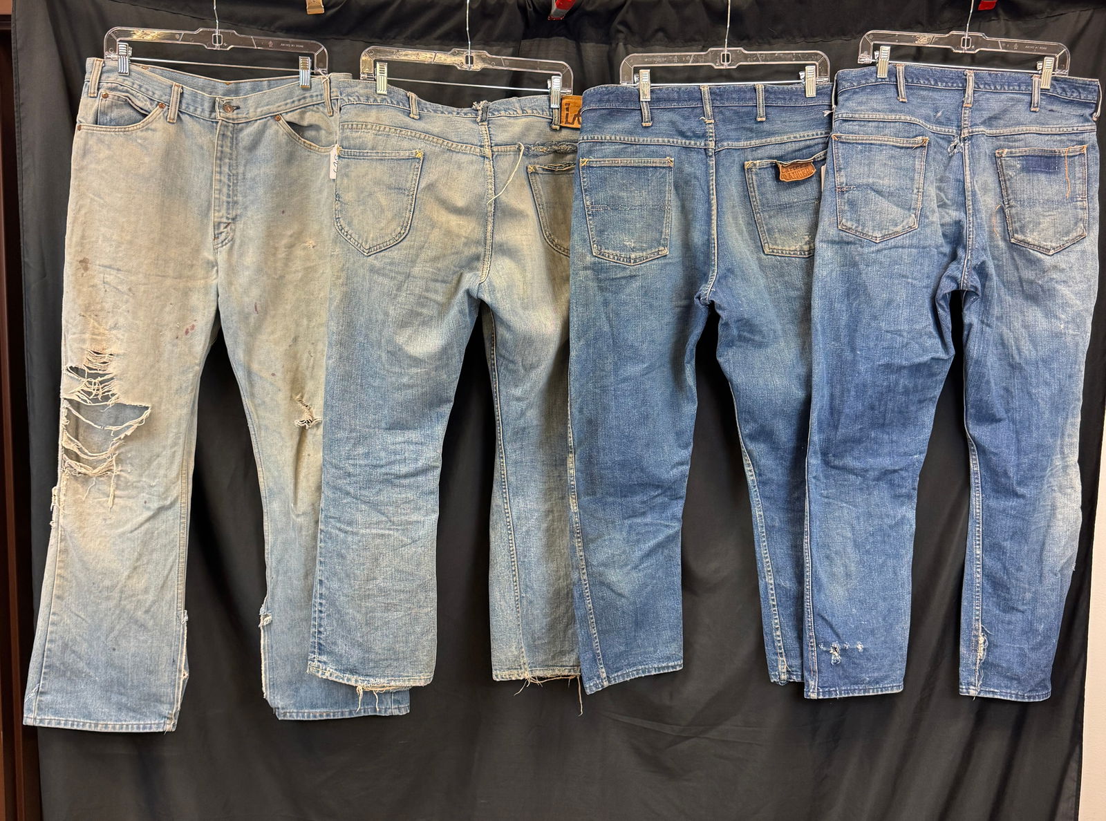 Group of Vintage Denim c 1950-70's, Carters, Levis, Mr. Lee: A group of vintage distressed denim jeans c1950-1980's to include pair of men's Levis plain pocket jeans 36" waist (missing leather Levi patch) , a pair of 1970's Mr. Lee Rider blue jeans 36" waist, a