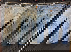 Group of Vintage Denim c 1950-70's, Carters, Levis, Mr. Lee: A group of vintage distressed denim jeans c1950-1980's to include pair of men's Levis plain pocket jeans 36" waist (missing leather Levi patch) , a pair of 1970's Mr. Lee Rider blue jeans 36" waist, a