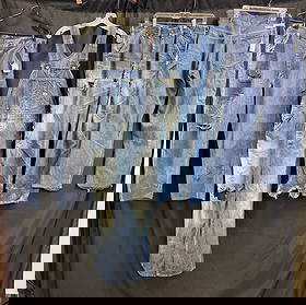 Vintage Group of Lee Denim Jeans & Overalls C1950's: A group of 1950's men's distressed farm denim to include a pair of Lee button fly overalls waist size 32", a pair of Powerhouse men's patched zip fly farm jeans waist 34", a pair of Lee men's zip fly