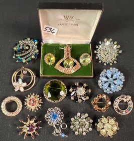 Vintage Group of Colored Rhinestone brooches, and an Earring and Necklace set c1960's