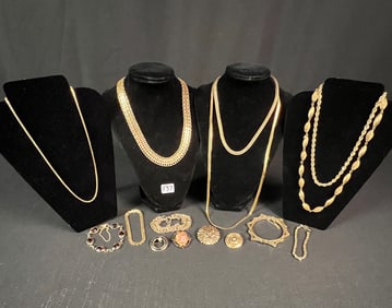 Group of Vintage Gold Tone Necklaces, Bracelets and Pins c1960's