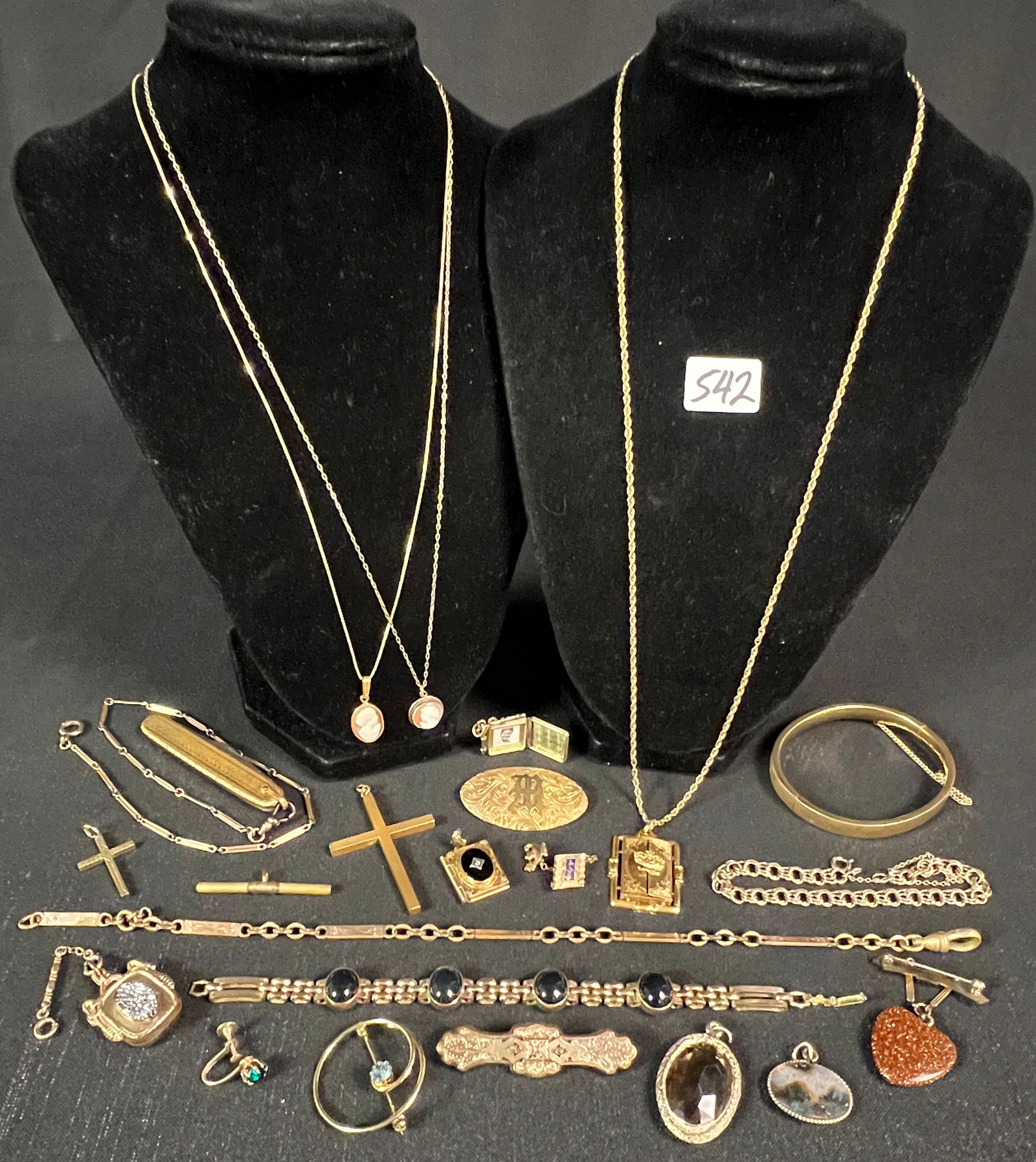 Antique Group of Gold Filled Jewelry, Lockets, Bracelets, More! c1900-1930's: A group of antique gold filled jewelry to include Edwardian Lockets, a Victorian Bar pin, hinge bracelet, chased pocket knife on a chain, druisy heart shaped pin, watch fob, fraternity pin, and more!