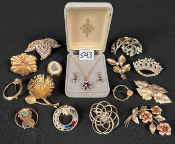 Vintage Group of Gold Tone Rhinestone Brooches, More!