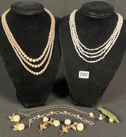 Vintage Faux and Real Pearls, Bone Carved Floral Earrings and Brooches