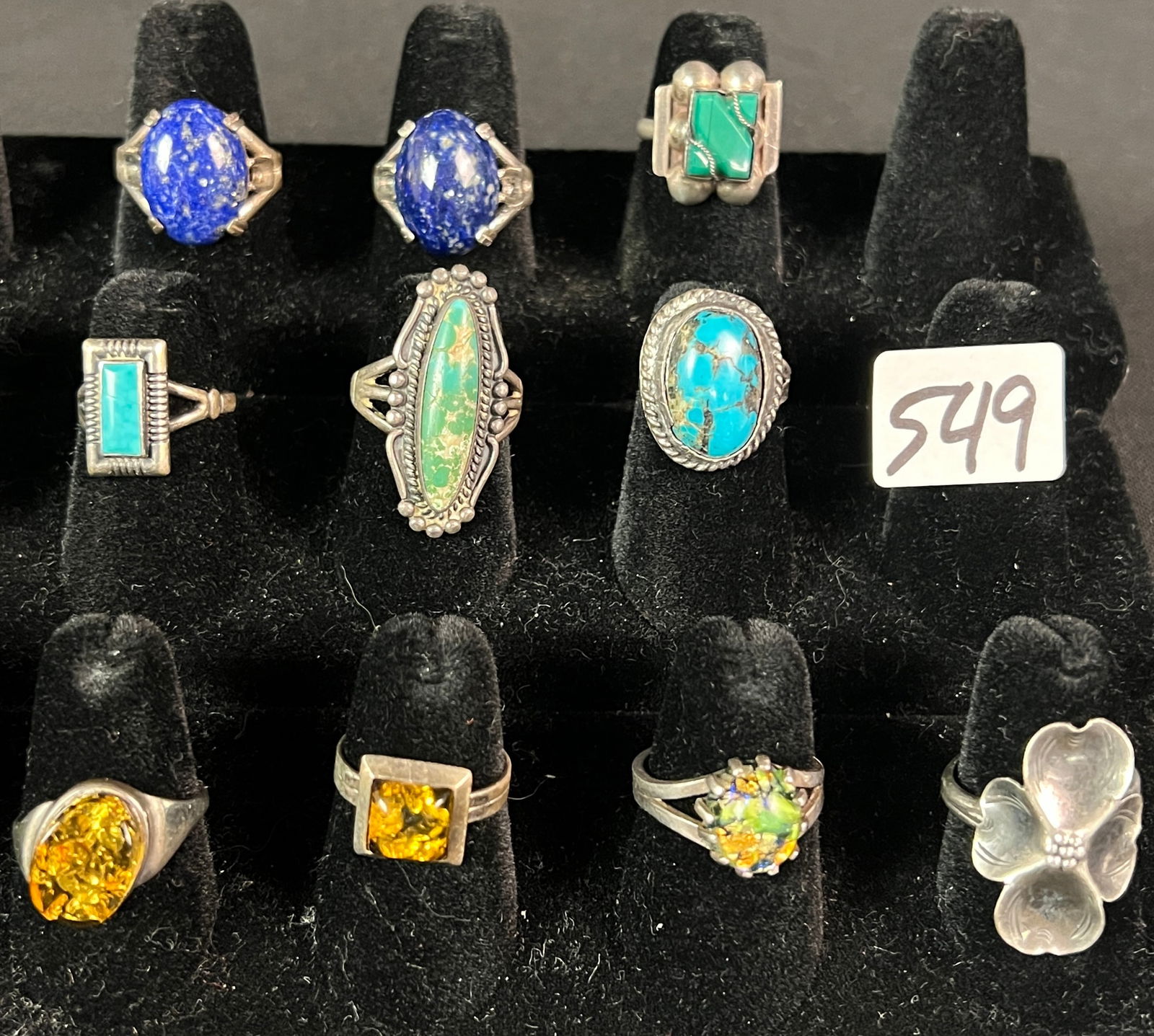 9 Vintage Sterling Silver Rings C1940-60's: A group of 9 sterling silver rings c1940-1960's to include 3 turquoise rings , 2 lapis rings and more!