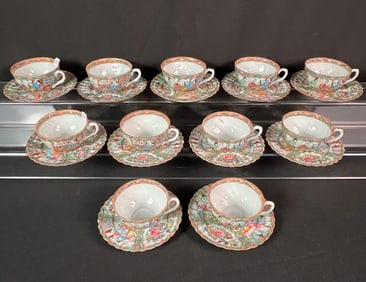 11 Rose Medallion Handled Coffee Cups w/ Saucers