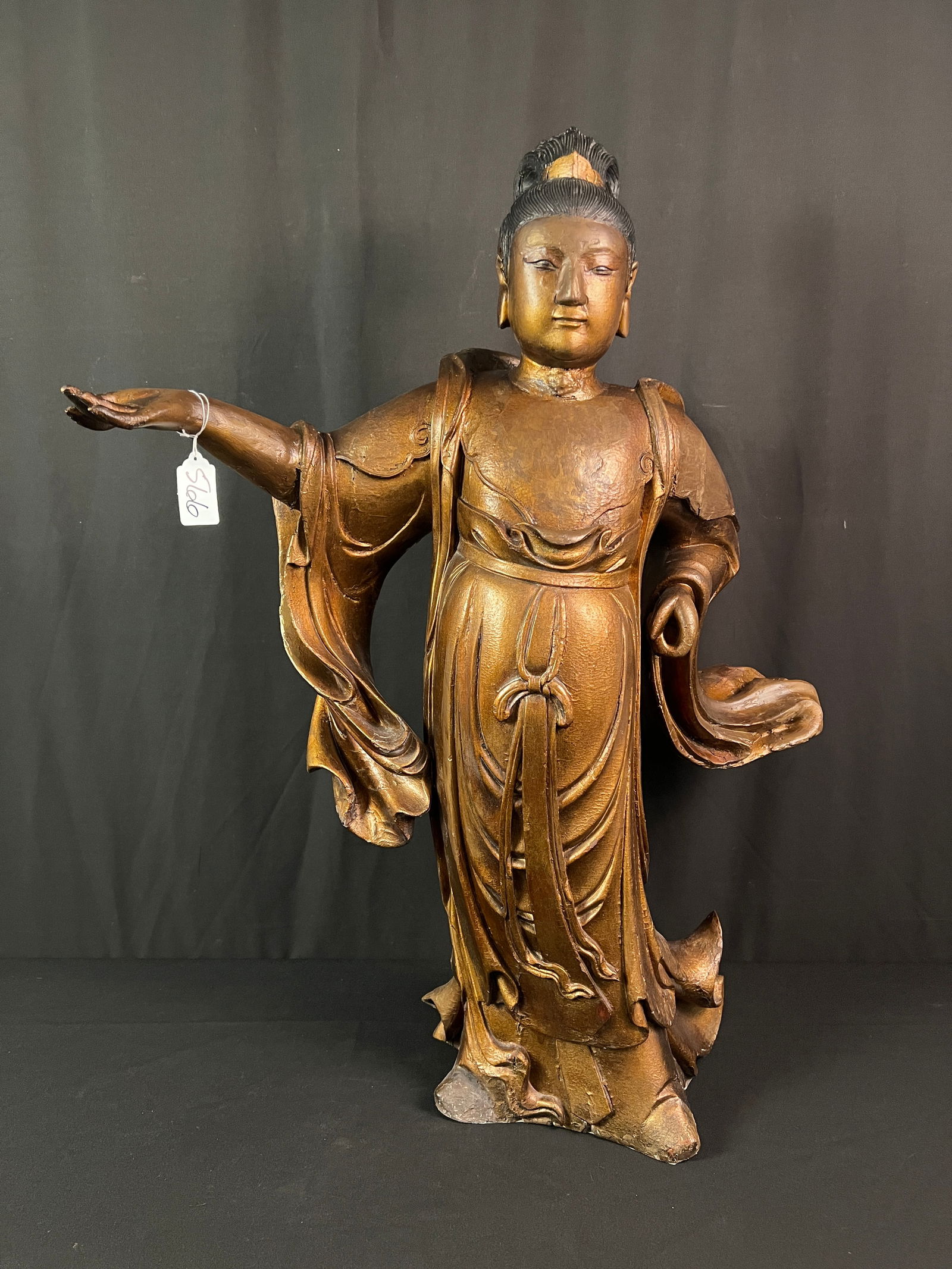 Hand Carved Plaster over Wood Guanyin Statue c.18/19th century: A late 18th/early 19th century large polychromed statue of Guanyin, also known as Kwan-Yin, the Chinese Buddhist Goddess of Mercy. Plaster over wood with detailed carvings, it measures 33" tall X 27"
