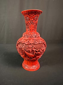 Vintage Red Cinnabar Carved Vase