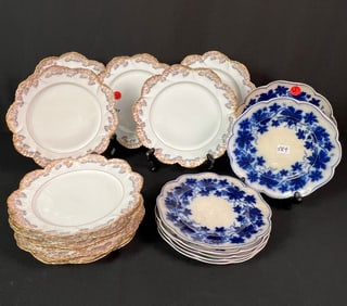 12 Limoges Dessert Plates and 7 Flow Blue Cake Plates