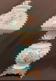 Electrified Oil Lamp in Powder Blue with Floral Decorations