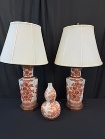 Pair of Porcelain Asian Lamps and Vase