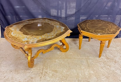 Hollywood Regency Rococo Style Glass Top Gilded coffe table and 2 Side Tables