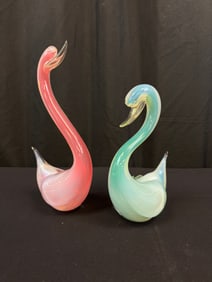 2 Murano Hand Blown Glass Swans c1950's