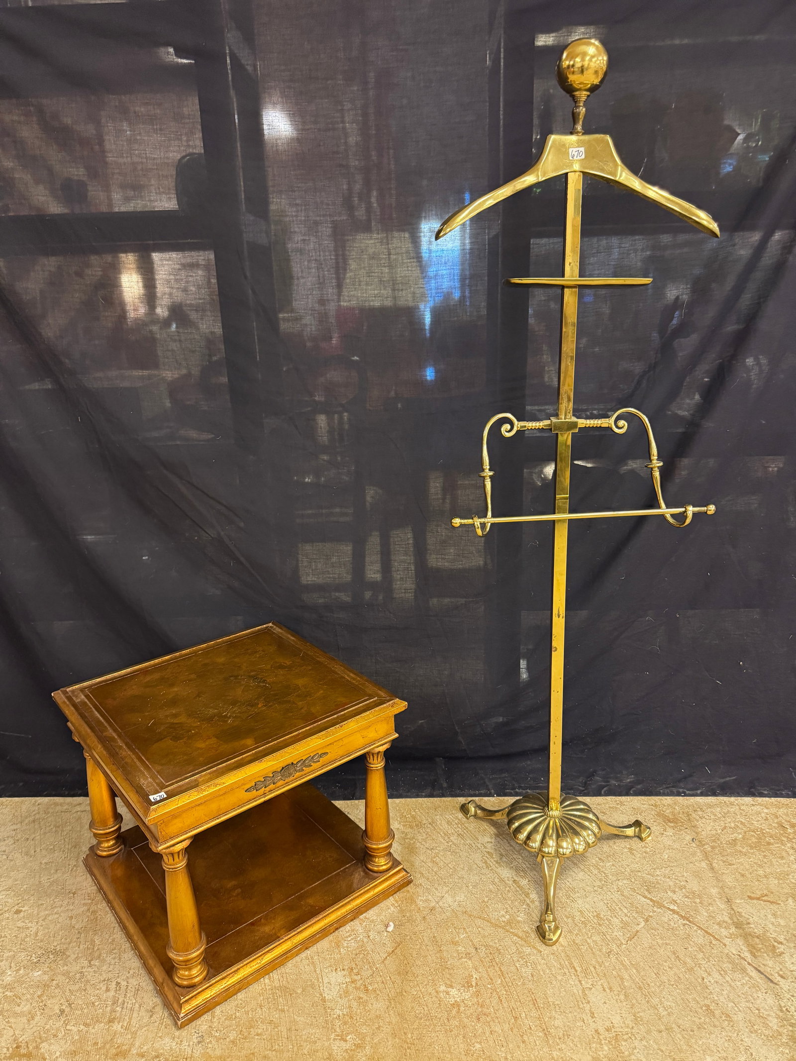 Vintage Brass Gentleman's Valet , More!: A Hollywood regency fancy brass Gentleman's Valet with heigth adjustable cufflink tray and tie bar c. 1950's and a gold leaf small table, both in excelletn conditon.