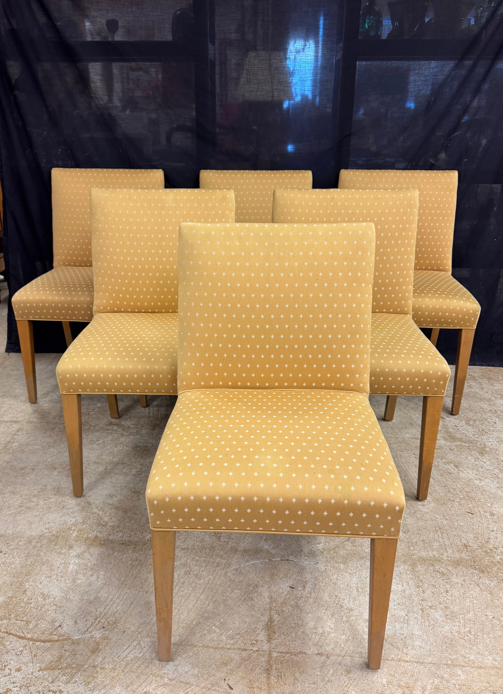 Six Edward Wormley Dumbar Upholstered Chairs C.1940: Six Edward Wormely upholstered matching dining chairs c. 1949. Have been recovered at some point. One chair has a small hole in the upholstery, Some chairs need a light cleaning. Good condition.