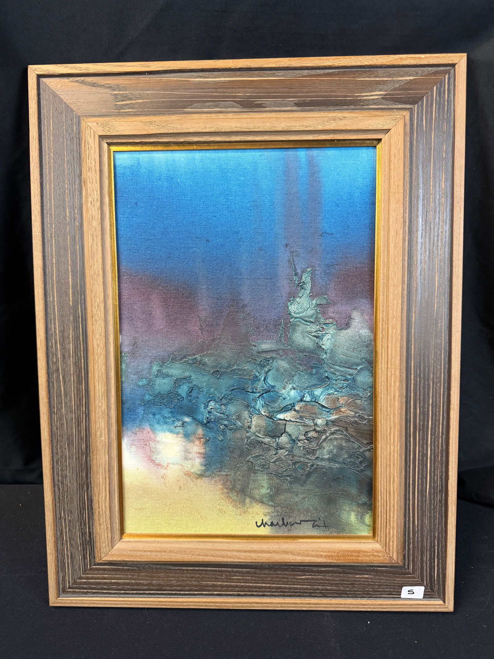 Charles Dix Abstract Oil on Board c1960's: This quality framed textural abstract oil on canvas board is by listed Wisconsin artist CHarles Dix (1939-2005), c1960's. It is hand signed along the lower margin and depicts moody mottled clors with