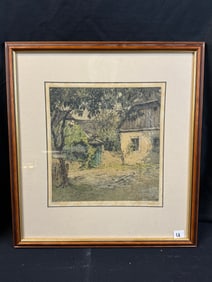 Luigi Kasimir Colored Aquatint of European Farmstead , Signed