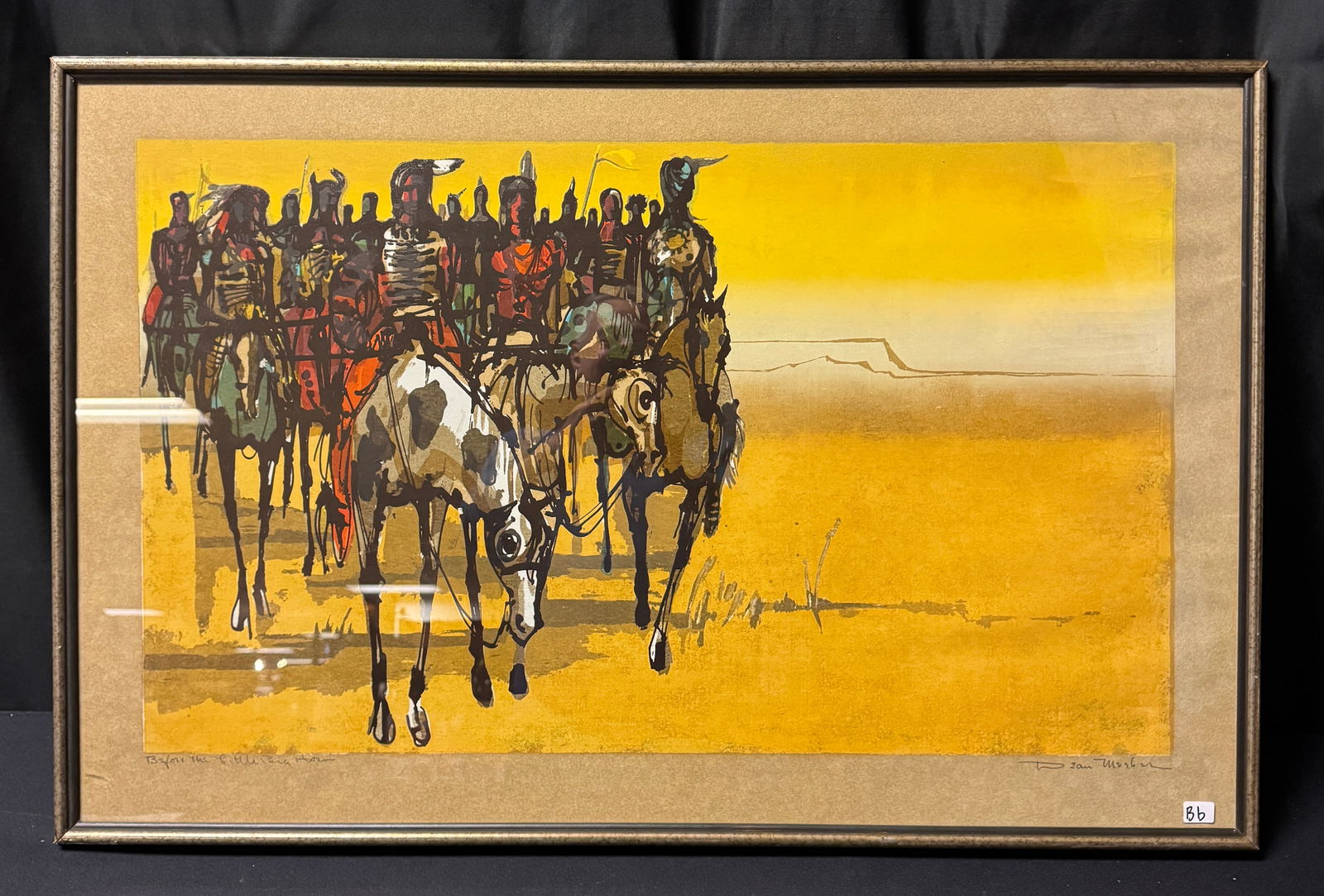 Dean Meeker Polimer Intaglio Print c1970's: A quality framed original polimer intaglio print by listed innovative Wisconsin artist and master printmaker Dean Meeker (1920-2002). It is titled Before the Little Big Horn and depicts a force of Lak