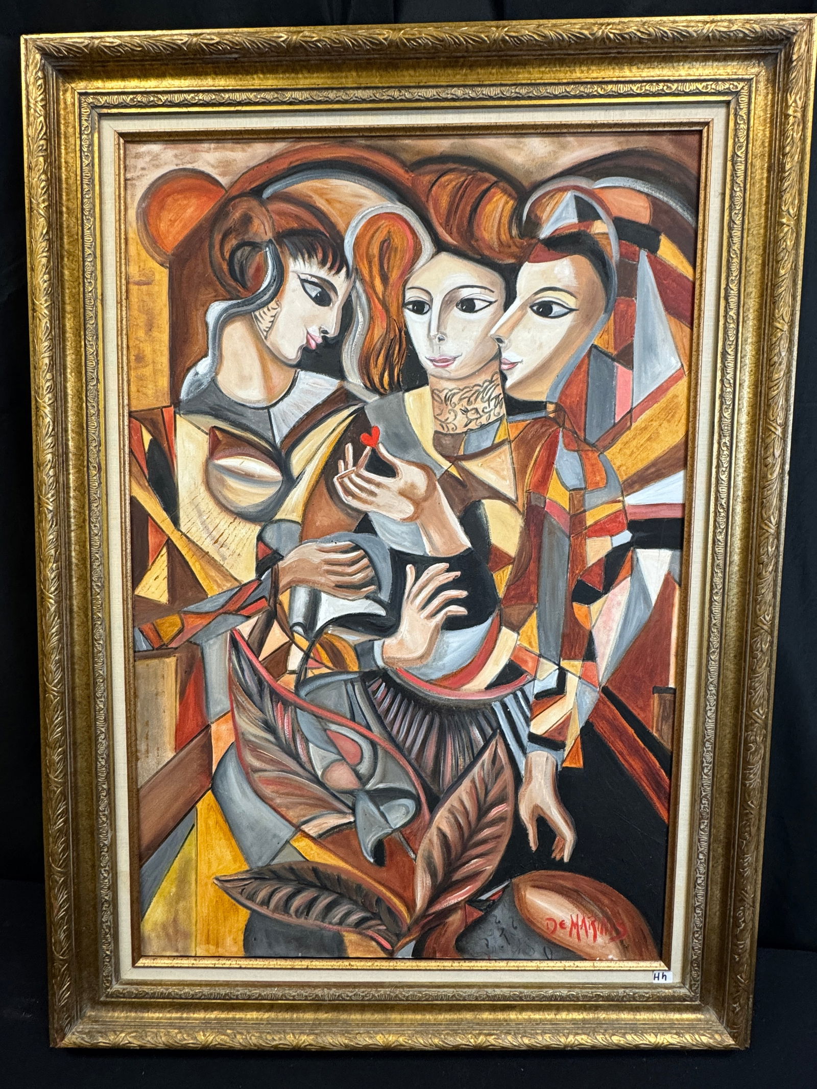 DeMarinis Cubist Oil on Canvas of 3 Women c1970's: A quality framed Cubist style oil on canvas by artist DeMarinis c1970's and signed in the lower right corner. It depicts 3 beautioful women holding a heart. In excellent condition.