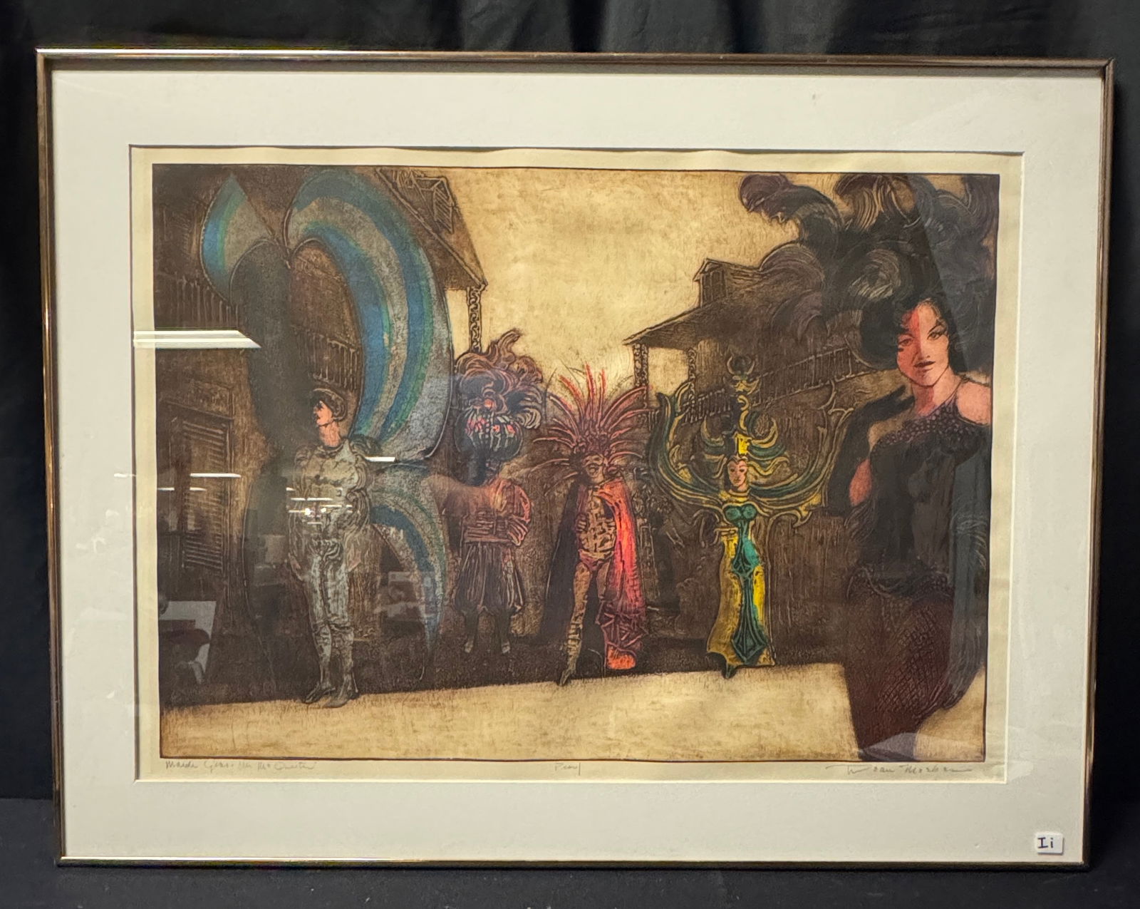 Dean Meeker Polymer Intaglio c.1970's, Artist Proof: A quality framed original polymer intaglio print by listed innovative Wisconsin artist and master printmaker Dean Meeker (1920-2002). It is titled "Mardi Gras-In the Quarter" and depicts mummers in co