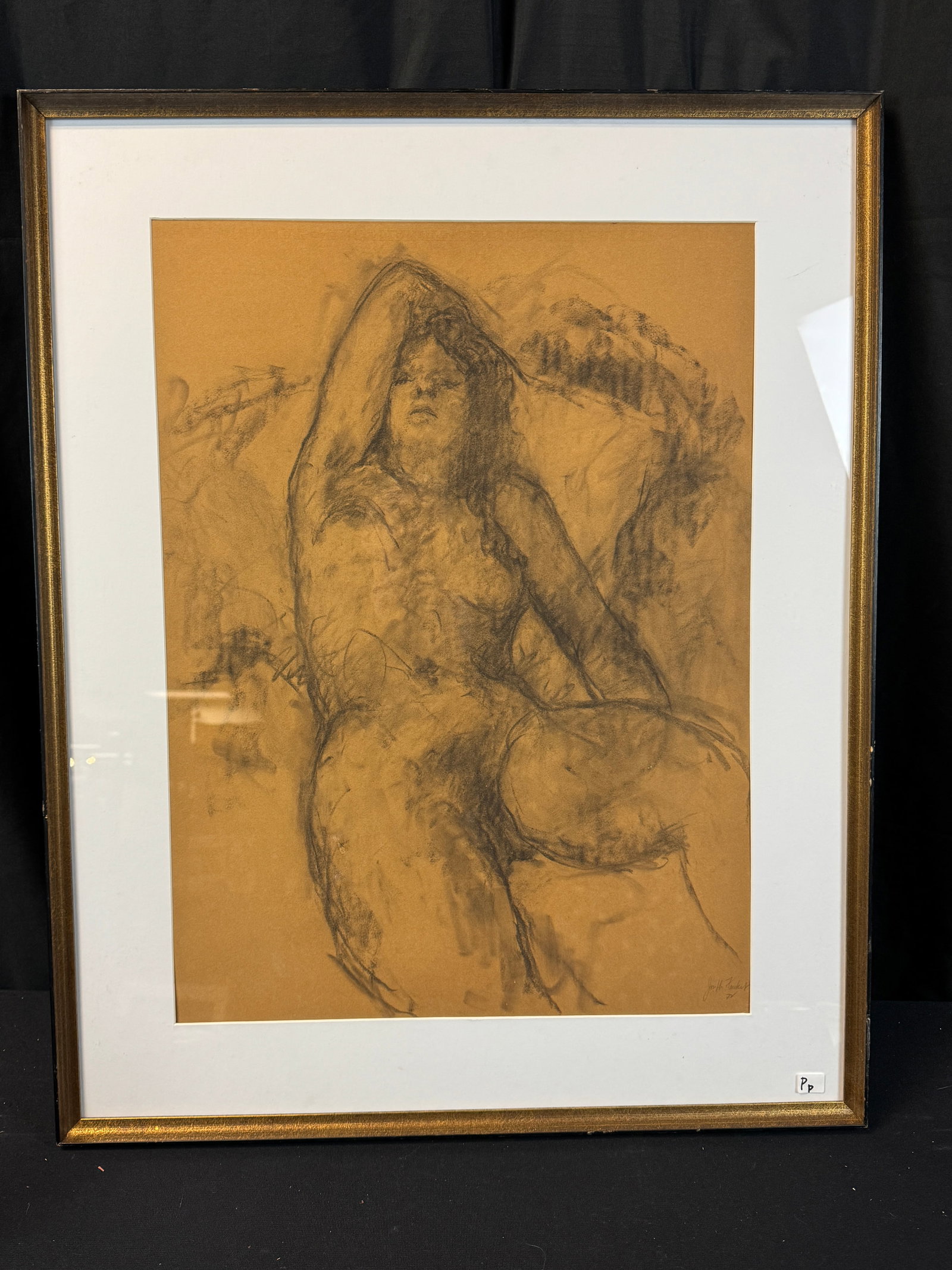 Joseph Freibert Charcoal Drawing on Paper c1972: A quality framed charcoal drawing by listed Wisconsin artist Joseph Friebert (1908-2002). Primarily known for his figural compositions and social commentary, this work depicts a nude woman, is signed 