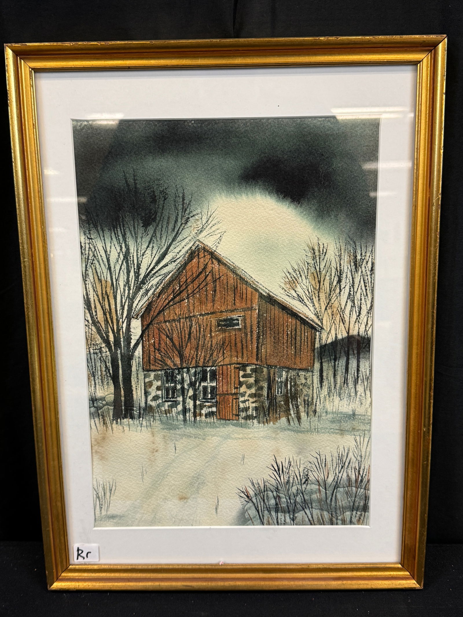 J W Purman watercolor c 1970's: A quality framed watercolor is by listed Wiscaonin artist J W Purman. It depicts a local Kettle Moraine barn in winter c1974. was signed on the back cover paper which has fallen off and preserved the