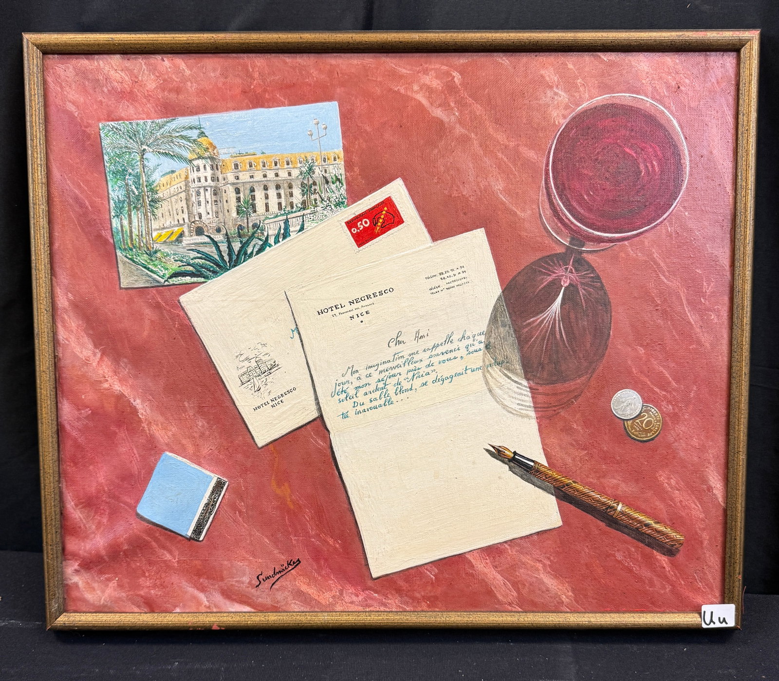 William Sundmacker Oil on Canvas: A quality framed oil on canvas by listed artist William Sundmacker. It is titled "That Romantic Summer in Nice". It is signed in the work. It depicts a birds eye view table setting with postcards, mon