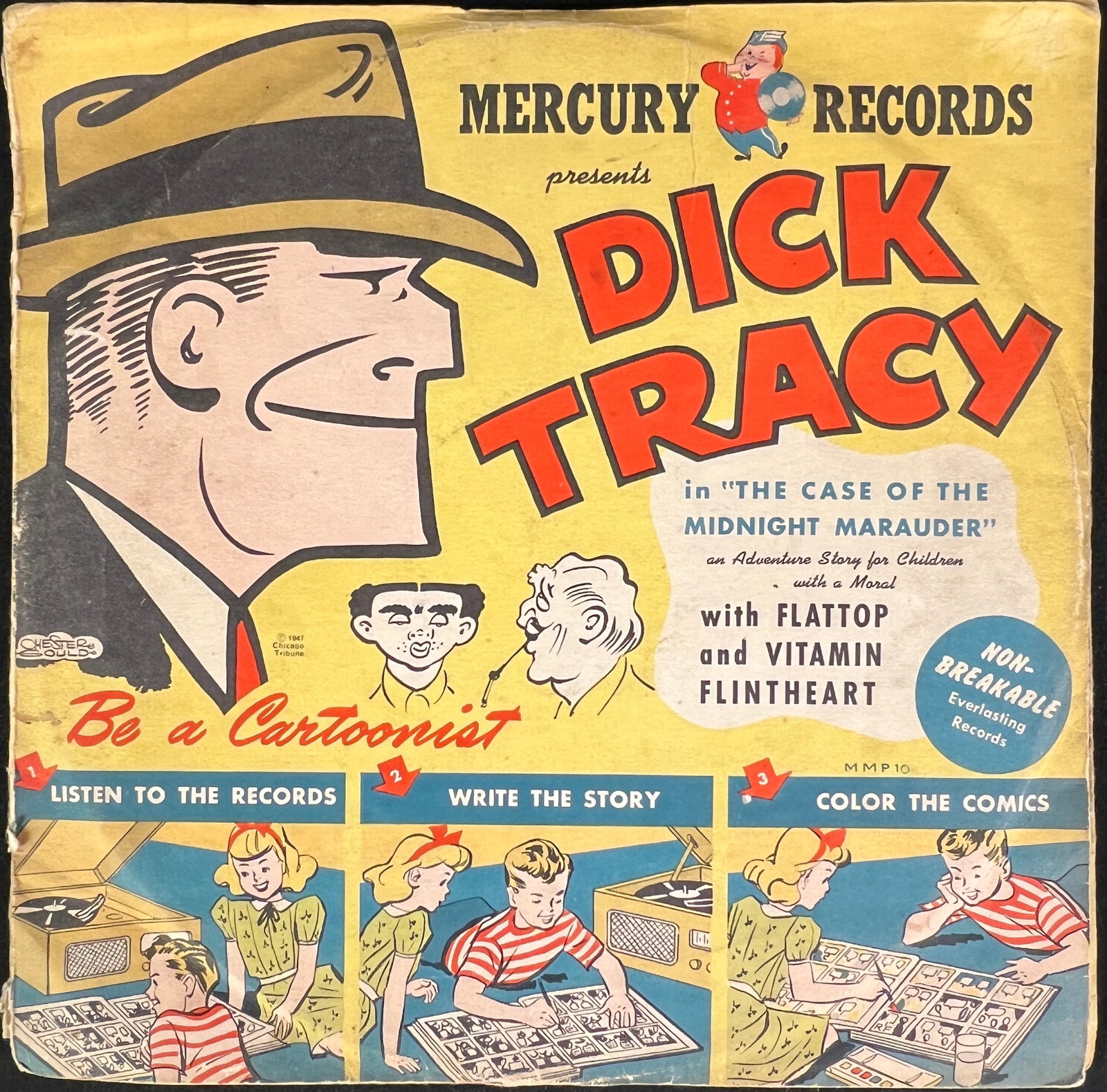 Vintage 1947 Dick Tracy Record Set: A vintage 1947 Dick Tracy "The Case of the Midnight Marauder" 78 RPM record set of 2 records from Mercury Records. It features an adventure story for children with a moral.