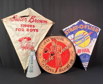 Spike Jones Junior Drum, Cheer Megaphone an Two Paper Kites