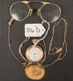 Antique Gold Filled Ladies Pocket Watch and Collapsable Glasses