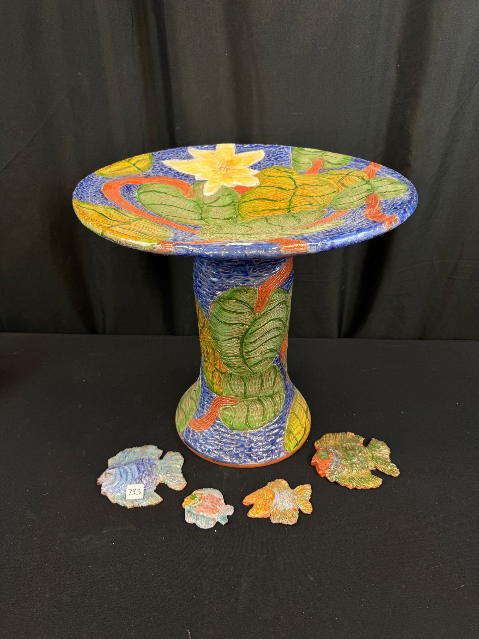 Talaverna Pottery Folk Art Bird Bath, signed A. Pruit (1 of 10)